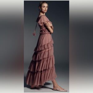 NWOT By Anthropologie Pink Ruffle-Sleeve Tiered Tulle Midi Dress Sz L